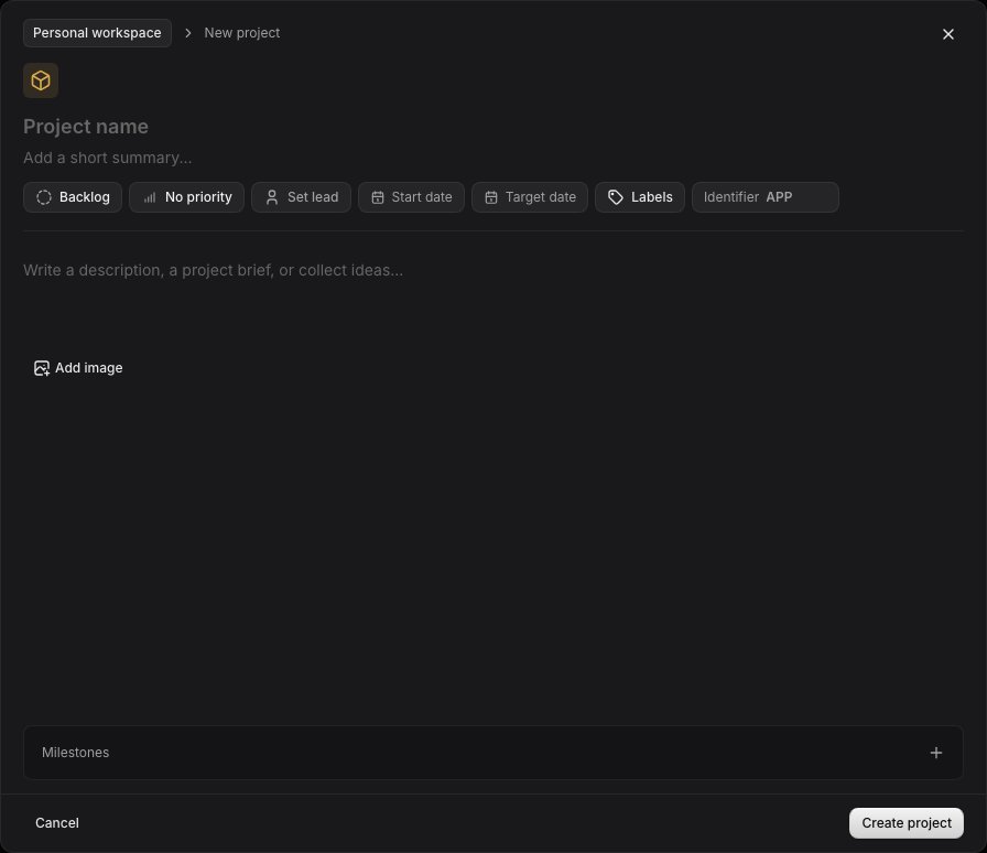 New project dialog with name, summary, properties, description, and milestones