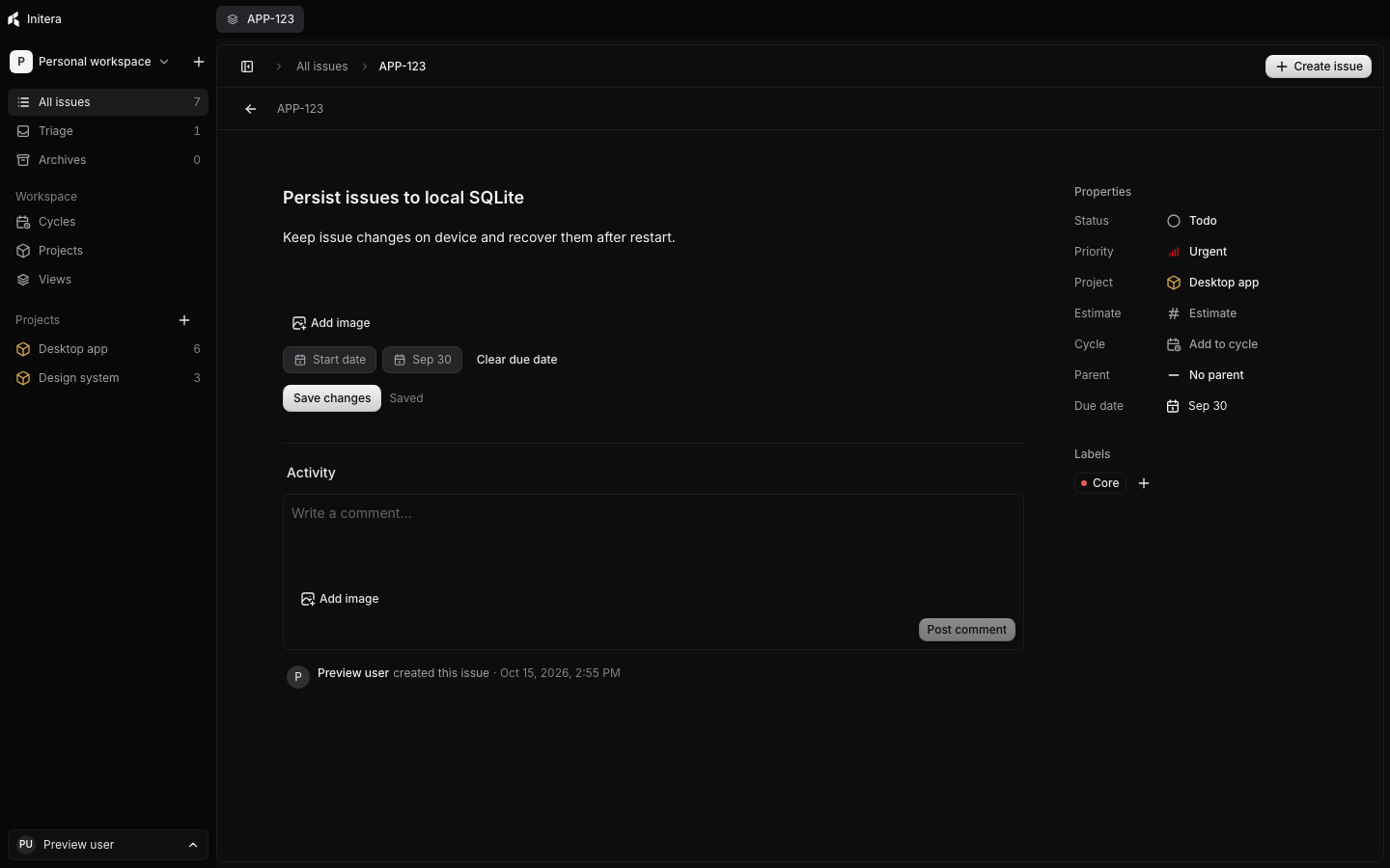 Issue editor with title, description, dates, and save state