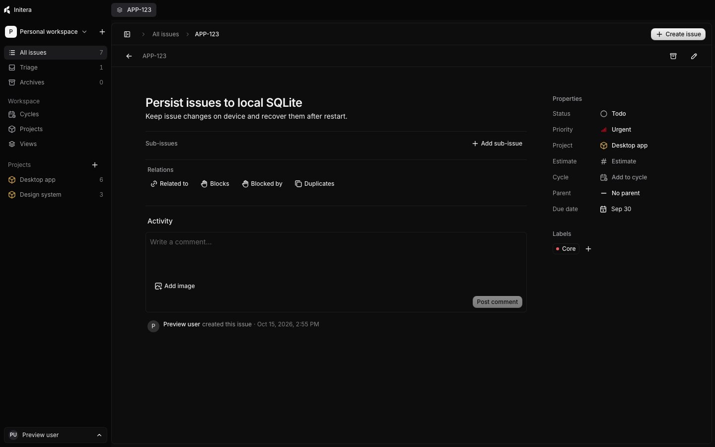 Open issue with description and properties