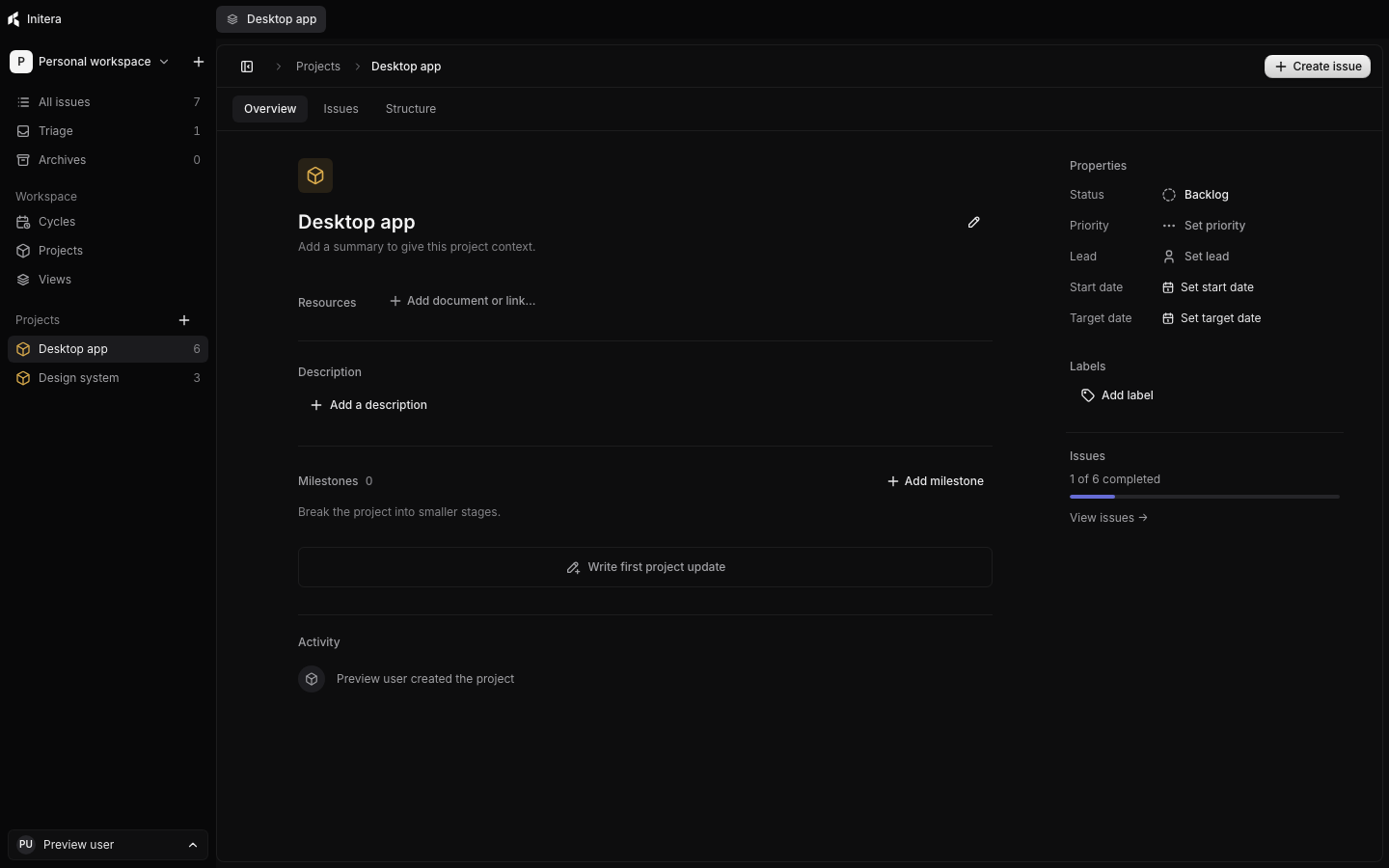 Initera project overview showing resources, milestones, updates, and issue progress