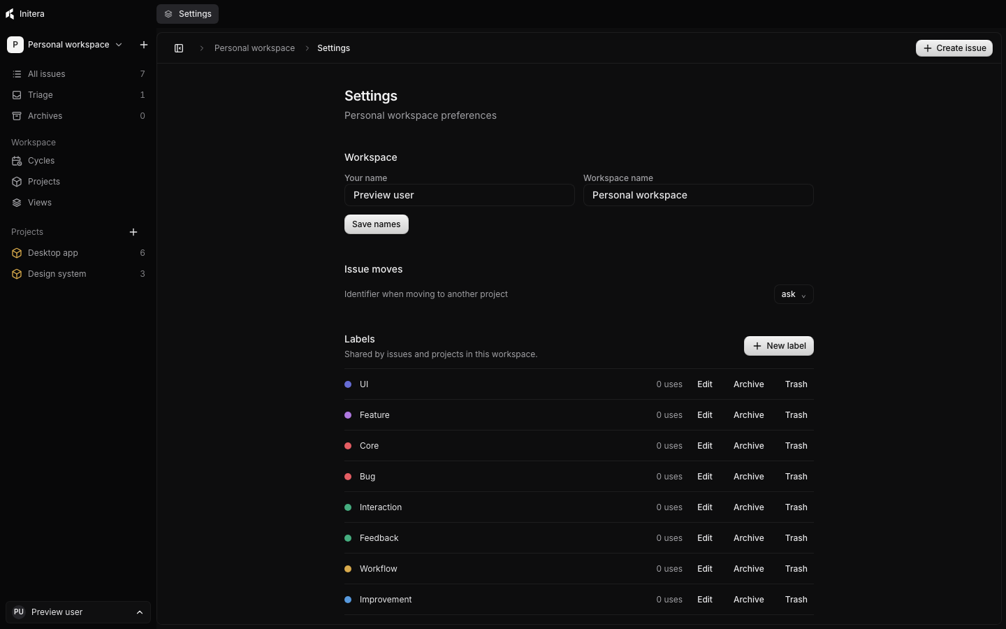 Settings page with workspace, issue, and appearance controls