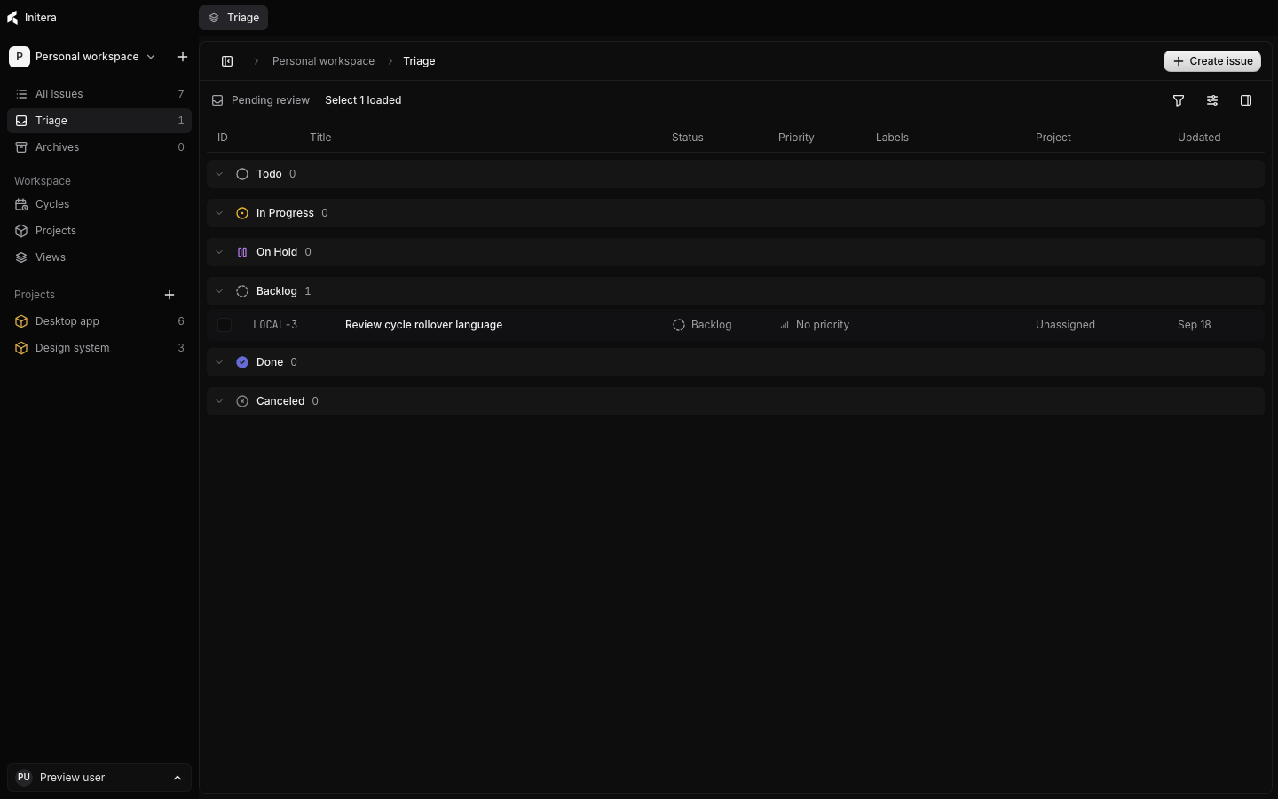 Triage queue with an issue waiting for review